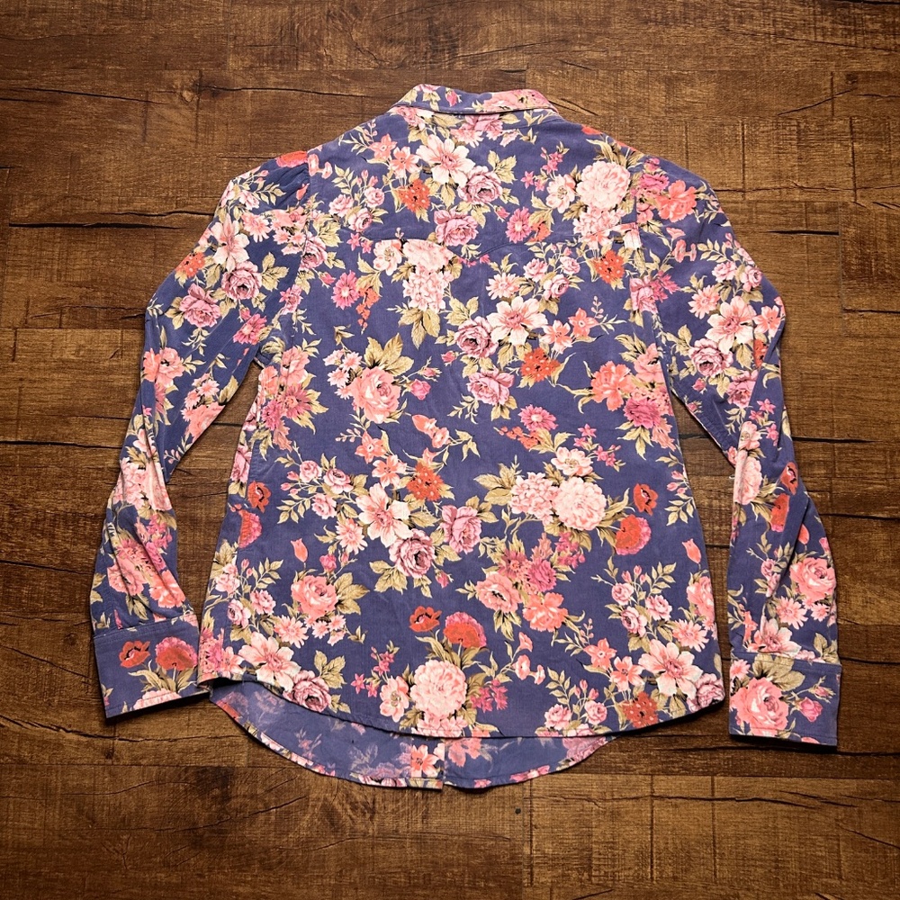 Dear John Corduroy Pearl Snap Shirt Womens L Pink Blue Floral Western Cowgirl - Picture 5 of 8